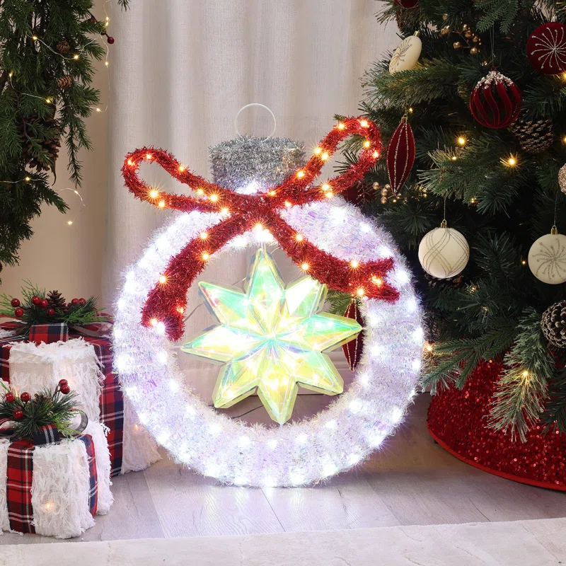 2Ft+Lighted+Silver+Tinsel+Ornament+Outdoor+Holiday+Decoration+with+Star+&+Red+Bow